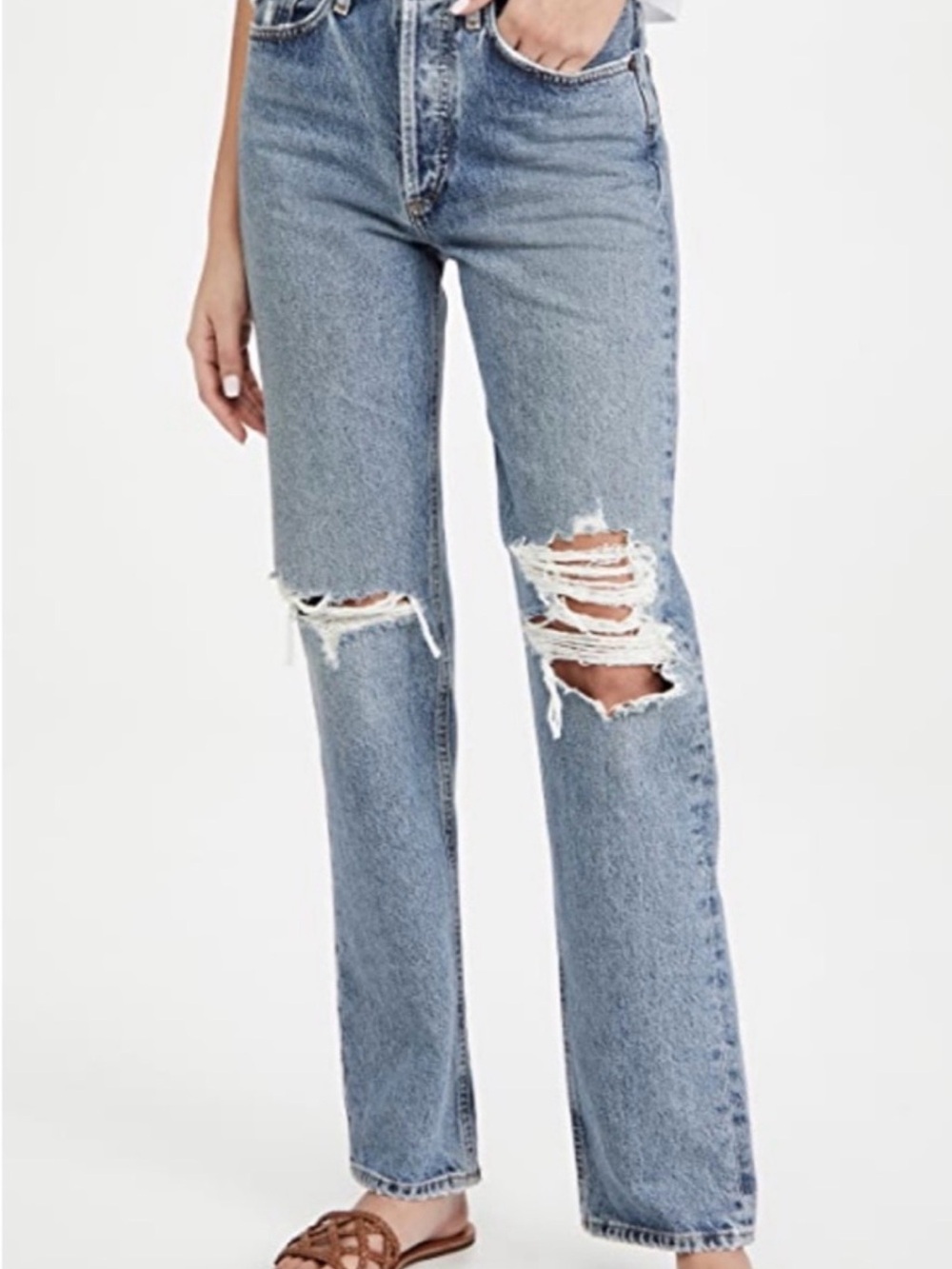 Agolde Light Blue Straight-Leg Ripped Jeans